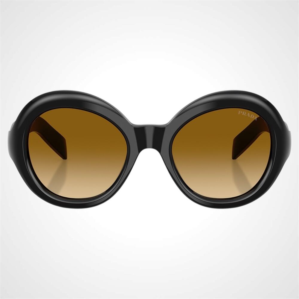 New PRADA Sunglasses Black Round Frame Yellow Brown Lens Women's - Picture 2 of 6